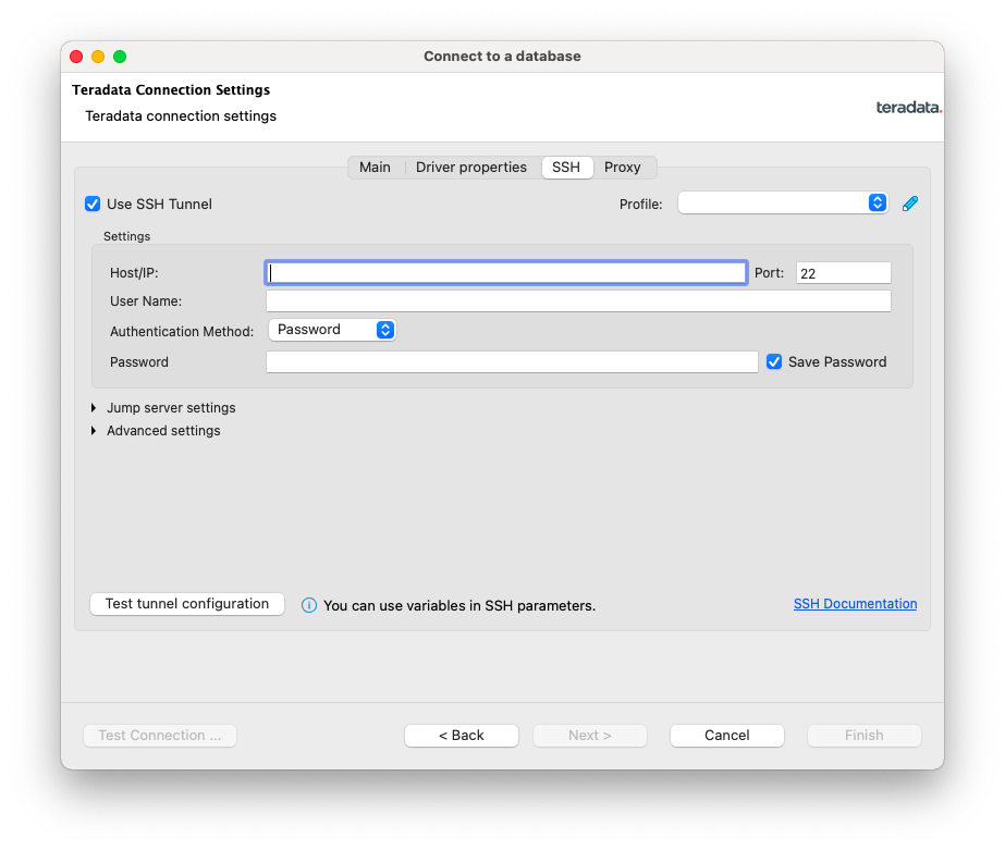 Teradata connection settings SSH