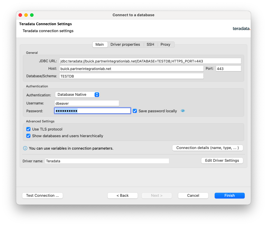 Teradata connection settings